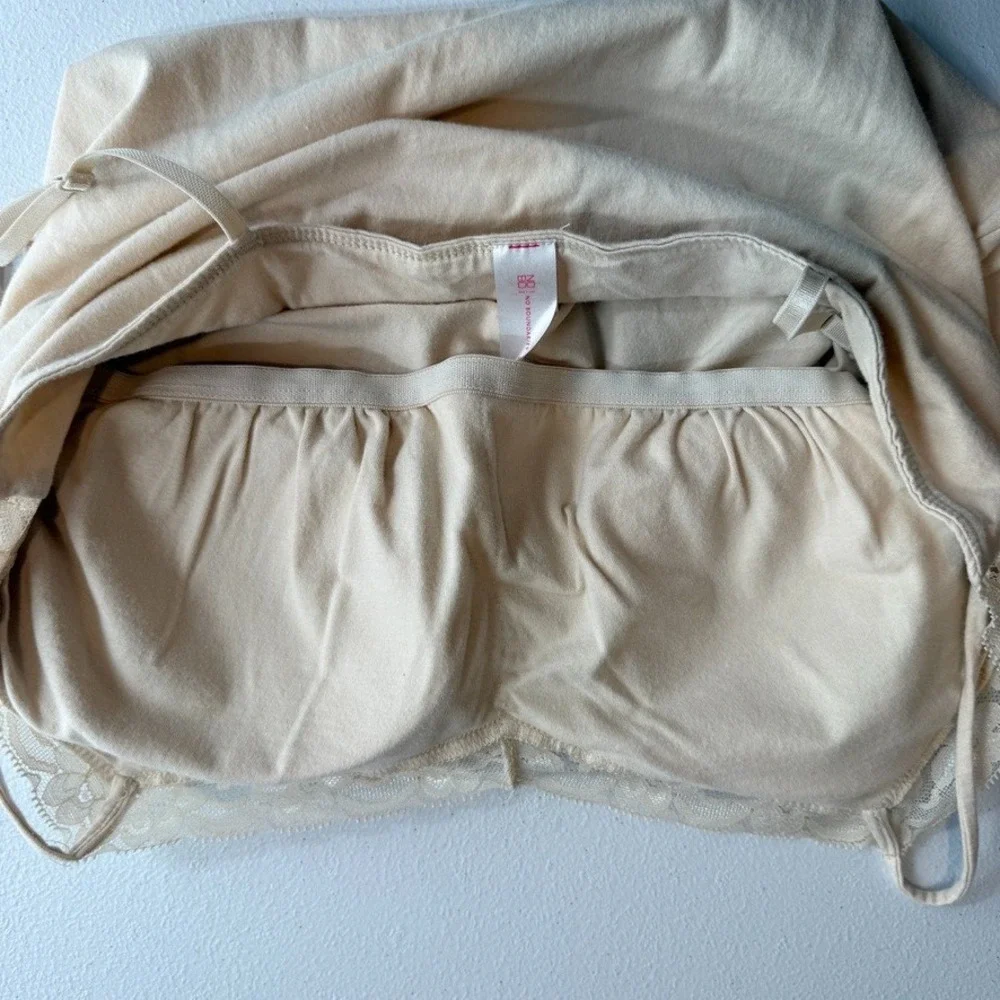 Womens Y2K Cami Tank Top 2XL Beige Lace Trim‎ Built In Bra Stretch Coquette
